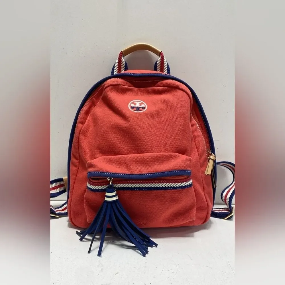 Tory Burch Designer Embroidered Red Canvas Backpack Navy Tassel Purse Bag